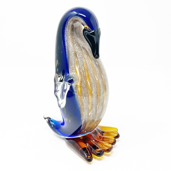 Vintage Art Glass Penguin, Cobalt Blue Gold Striped Handblown - Picture 2 of 12